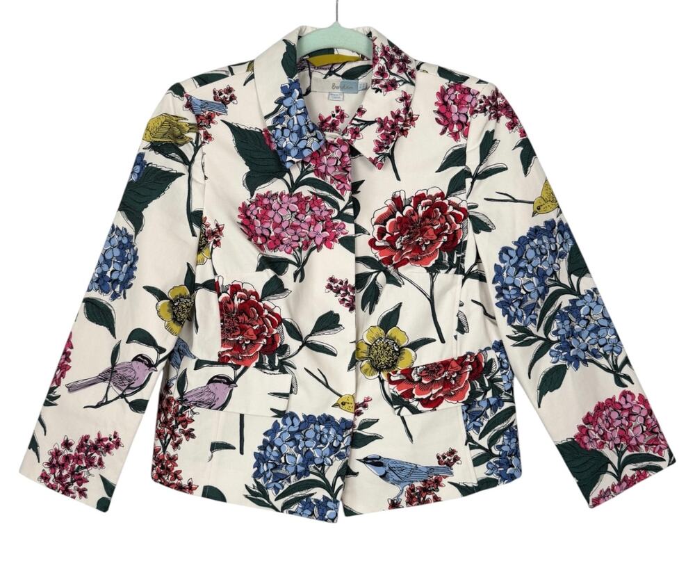 Boden Francesca Jacket Off White Floral Bird Print US 4 Blazer Twee Whimsical